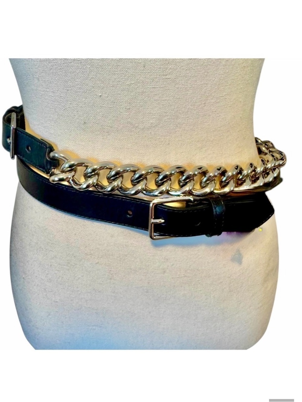 Alexander McQueen Black Leather Double Belt with chain85 cm New with Dust bag